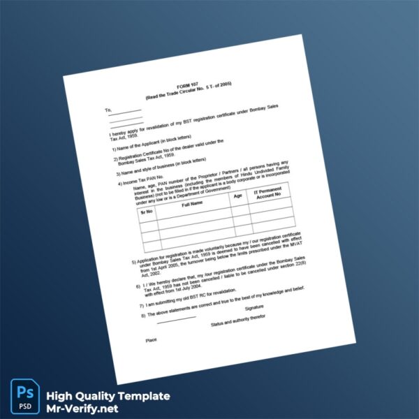 India BST Registration Revalidation Form Template in Word and PDF formats 2 page India BST Registration Revalidation Form Template in Word and PDF formats 2 page