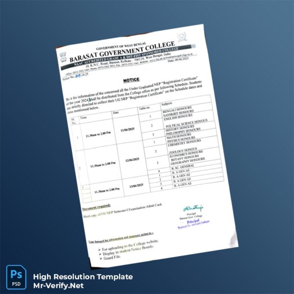 Editable India Barasat Government College Registration Certificate Word and Pdf Template