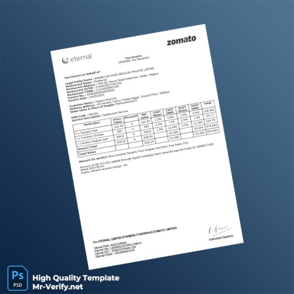 India Barbecue Food Services Private Limited Tax Invoice Template in Word and PDF formats 2 page