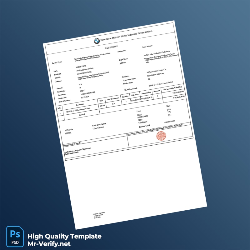 India Bayerische Motoren Werke Industries Private Limited Tax Invoice Template in Word and PDF formats 2 page India Bayerische Motoren Werke Industries Private Limited Tax Invoice Template in Word and PDF formats 2 page