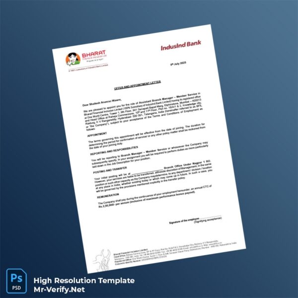 Editable India Bharat Financial Inclusion Limited Employment Verification Letter Word and Pdf Template 7 page