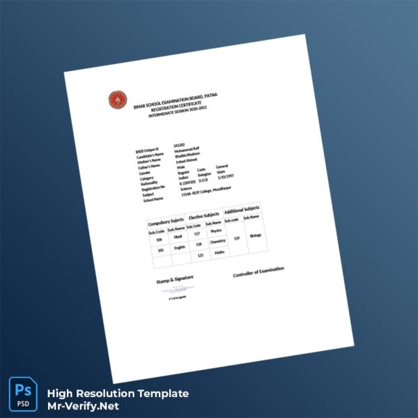 Editable India Bihar School Examination Board Registration Certificate Word and Pdf Template
