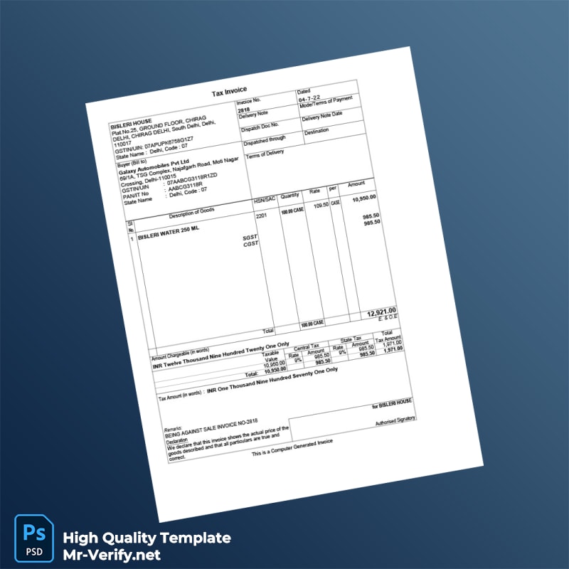 India Bisleri House Invoice Template in Word and PDF formats India Bisleri House Invoice Template in Word and PDF formats