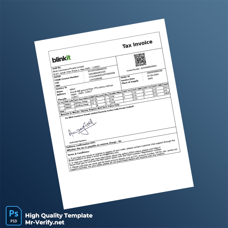 India Blink Commerce Private Limited Tax Invoice Template in Word and PDF formats 2 page India Blink Commerce Private Limited Tax Invoice Template in Word and PDF formats 2 page