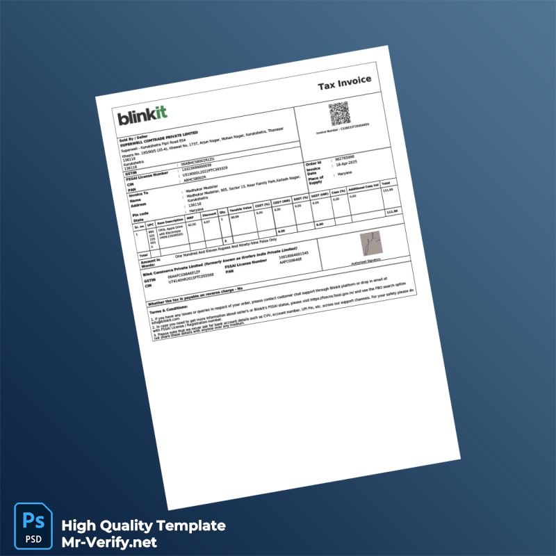 India Blinkit Tax Invoice Template in Word and PDF formats 3 page India Blinkit Tax Invoice Template in Word and PDF formats 3 page