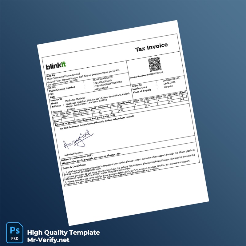 India Blinkit Tax Invoice Template in Word and PDF formats 3 page India Blinkit Tax Invoice Template in Word and PDF formats 3 page