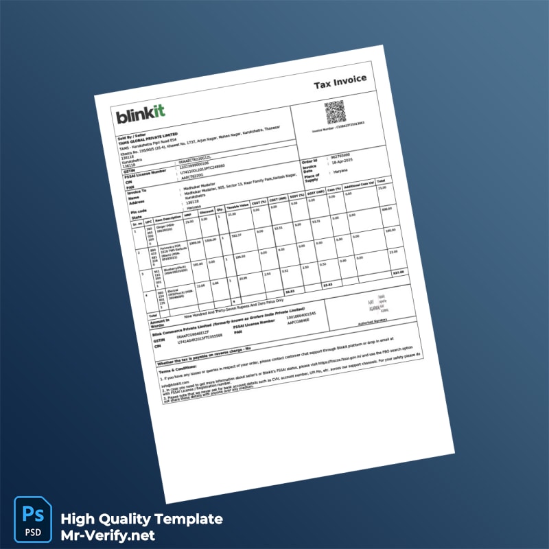 India Blinkit Tax Invoice Template in Word and PDF formats 3 page India Blinkit Tax Invoice Template in Word and PDF formats 3 page