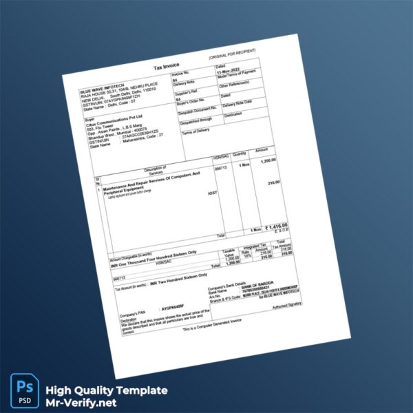 India Blue Wave Infotech Tax Invoice Template in Word and PDF formats 2 page