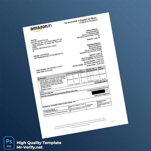 India Bluecom Infotech Pvt Ltd Invoice Template in Word and PDF formats