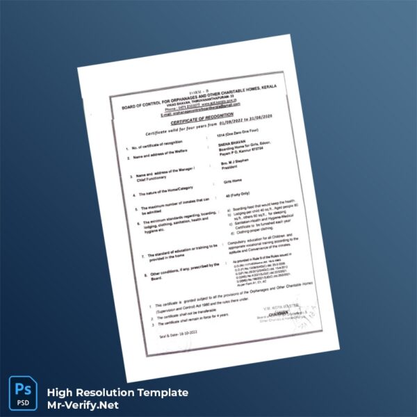 Editable India Board of Control for Orphanages and Other Charitable Homes Registration Certificate Word and Pdf Template