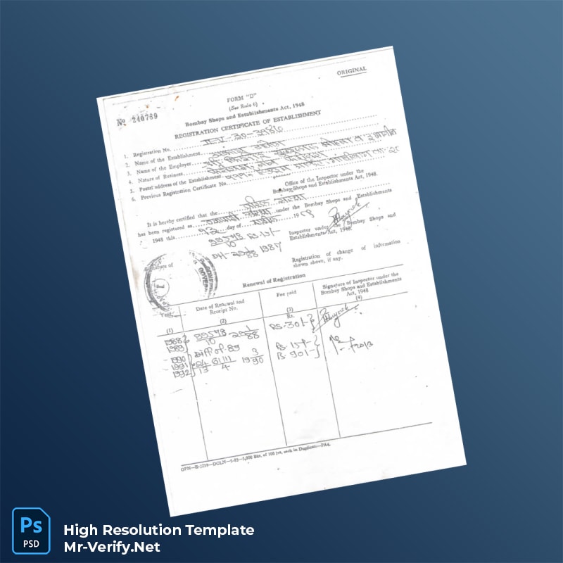 India Bombay Shops Registration Certificate Word and Pdf Template 2 page India Bombay Shops Registration Certificate Word and Pdf Template 2 page