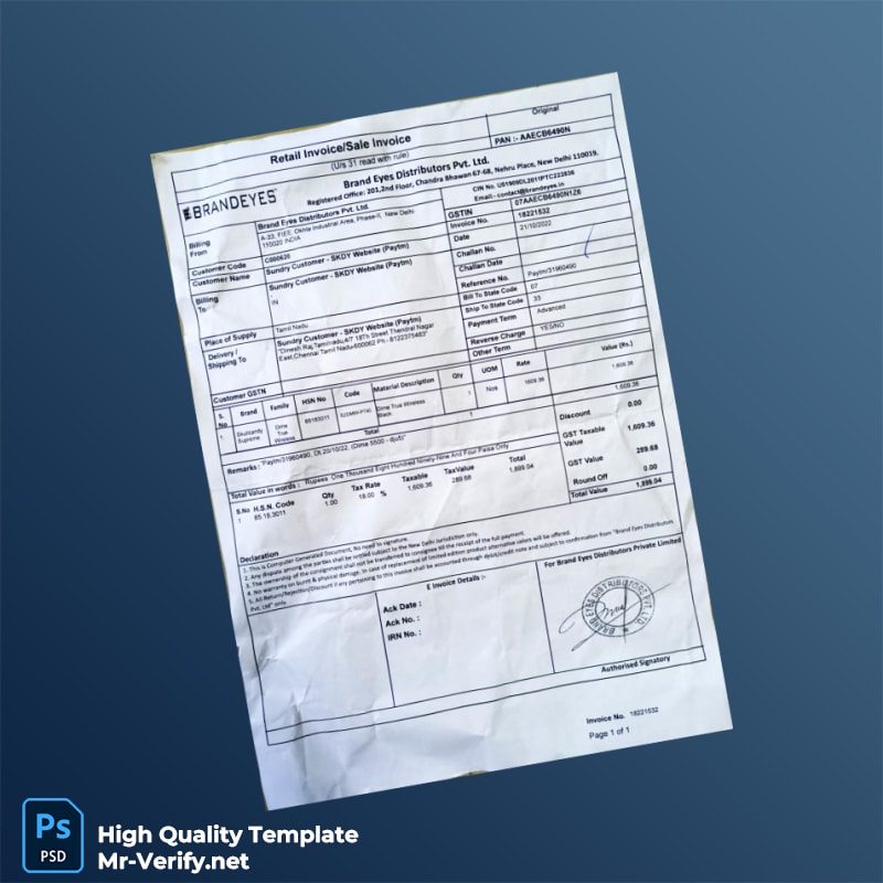 India Brand Eyes Distributors Pvt Ltd Invoice Template in Word and PDF formats India Brand Eyes Distributors Pvt Ltd Invoice Template in Word and PDF formats