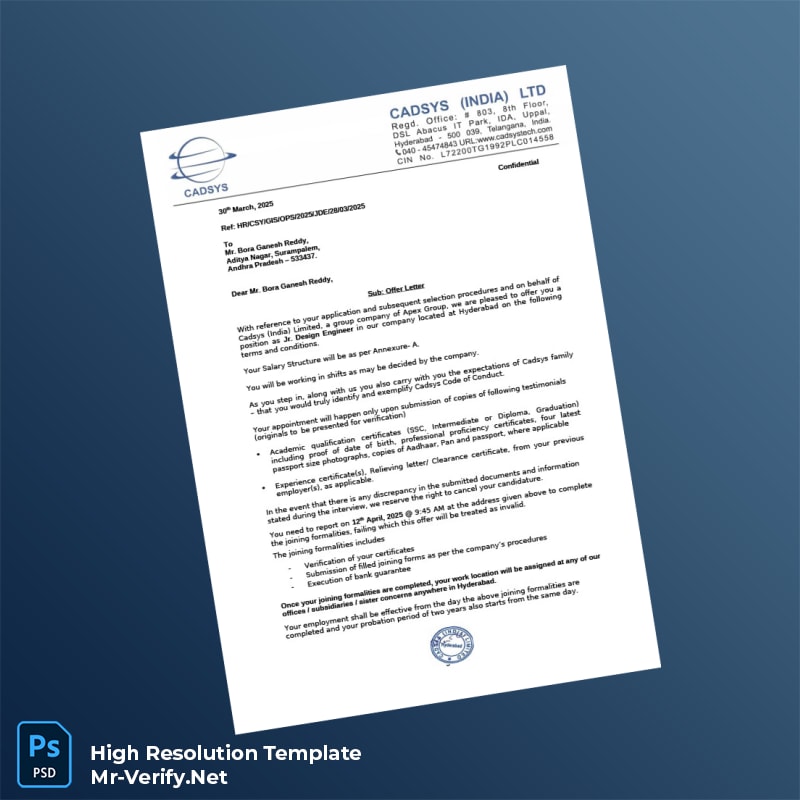 Editable India CADSYS INDIA LTD Offer Letter Word and Pdf Template 4 page Editable India CADSYS INDIA LTD Offer Letter Word and Pdf Template 4 page