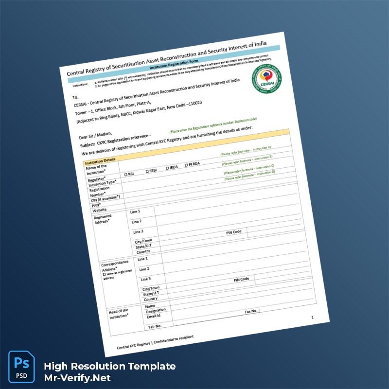 Editable India CERSAI CKYC Registration Form Word and Pdf Template 5 page Editable India CERSAI CKYC Registration Form Word and Pdf Template 5 page