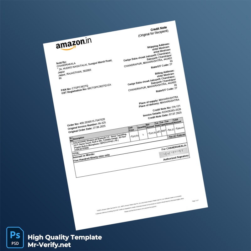 India CHANDRAKALA Credit Note Template in Word and PDF formats India CHANDRAKALA Credit Note Template in Word and PDF formats