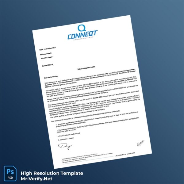 Editable India CONNEQT Business Solutions Limited Employment Verification Letter Word and Pdf Template 5 page