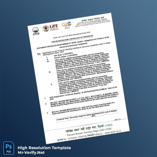 Editable India CPCB EPR Registration Certificate Word and Pdf Template 4 page