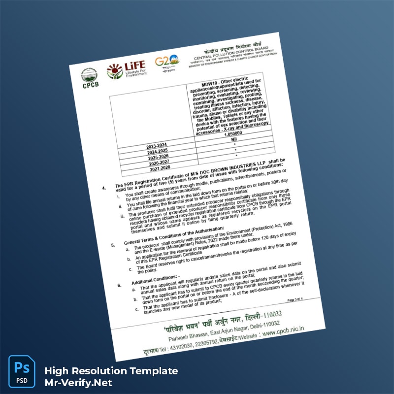 Editable India CPCB EPR Registration Certificate Word and Pdf Template 4 page Editable India CPCB EPR Registration Certificate Word and Pdf Template 4 page