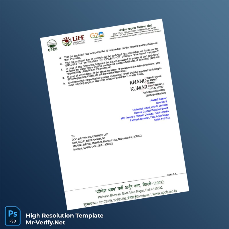 Editable India CPCB EPR Registration Certificate Word and Pdf Template 4 page Editable India CPCB EPR Registration Certificate Word and Pdf Template 4 page
