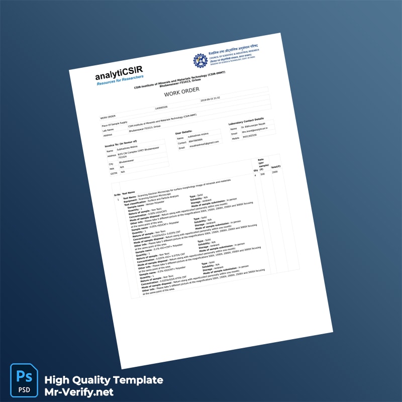 India CSIR-Institute of Minerals and Materials Technology Work Order Template in Word and PDF formats 2 page India CSIR-Institute of Minerals and Materials Technology Work Order Template in Word and PDF formats 2 page