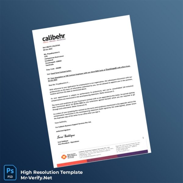 Editable India Calibehr Business Support Services Pvt Ltd Employment Verification Letter Word and Pdf Template 7 page