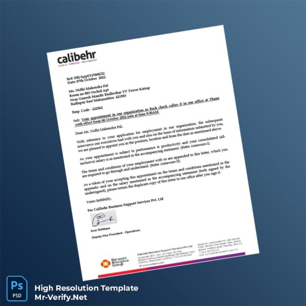 Editable India Calibehr Business Support Services Pvt Ltd Employment Verification Letter Word and Pdf Template 6 page Editable India Calibehr Business Support Services Pvt Ltd Employment Verification Letter Word and Pdf Template 6 page