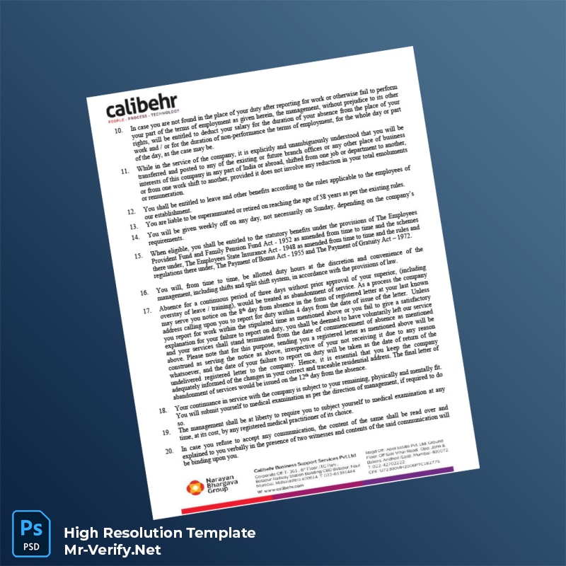 Editable India Calibehr Business Support Services Pvt Ltd Employment Verification Letter Word and Pdf Template 6 page Editable India Calibehr Business Support Services Pvt Ltd Employment Verification Letter Word and Pdf Template 6 page
