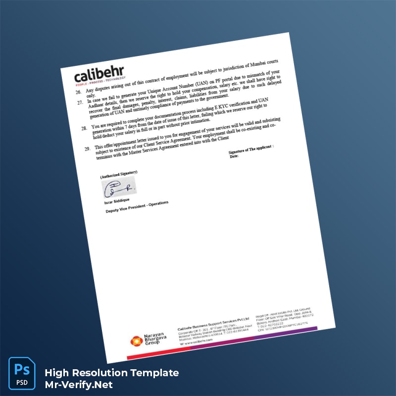 Editable India Calibehr Business Support Services Pvt Ltd Employment Verification Letter Word and Pdf Template 6 page Editable India Calibehr Business Support Services Pvt Ltd Employment Verification Letter Word and Pdf Template 6 page