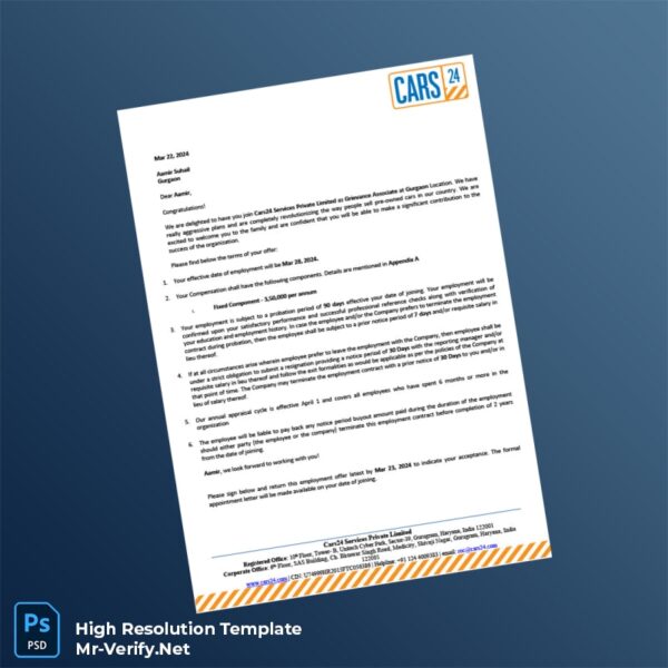 Editable India Cars24 Employment Verification Letter Word and Pdf Template 3 page Editable India Cars24 Employment Verification Letter Word and Pdf Template 3 page