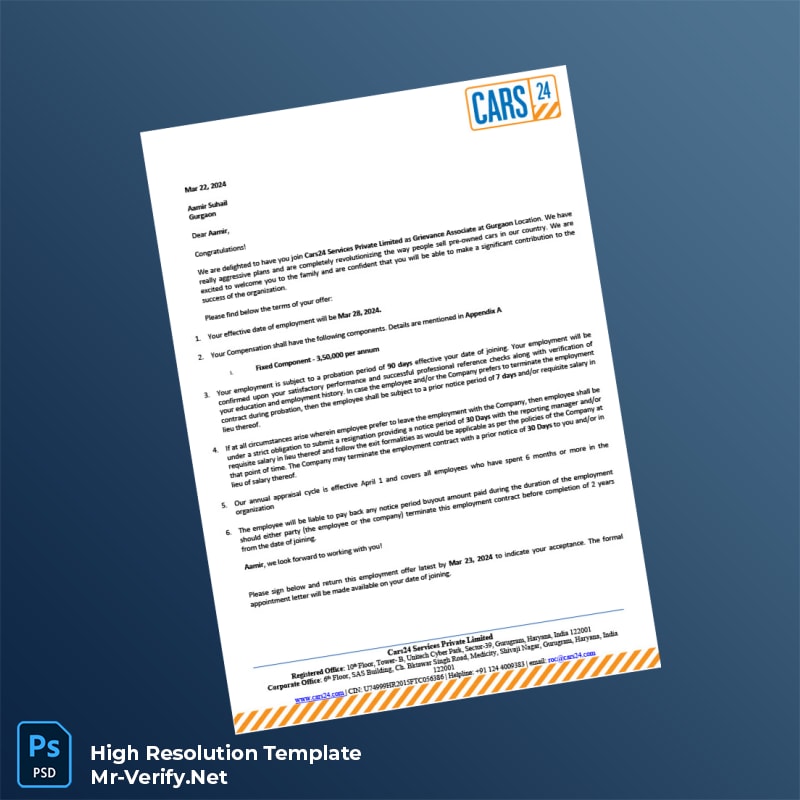 Editable India Cars24 Employment Verification Letter Word and Pdf Template 3 page Editable India Cars24 Employment Verification Letter Word and Pdf Template 3 page