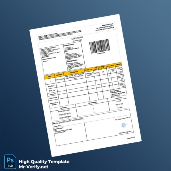 India Cashify Tax Invoice Template in Word and PDF formats 2 page