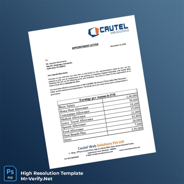 Editable India Cautel Web Solutions Pvt Ltd Employment Verification Letter Word and Pdf Template 5 page