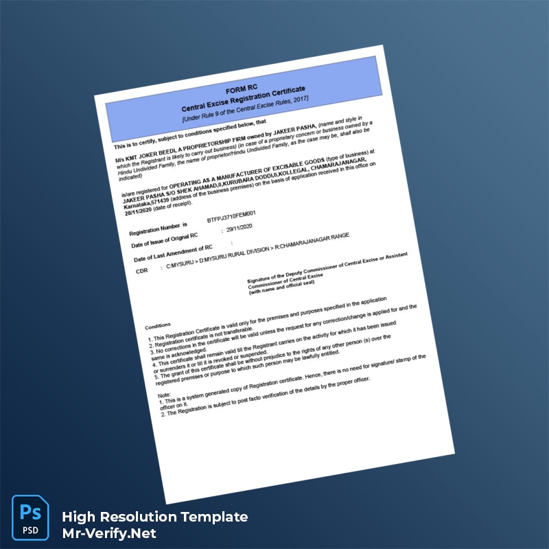 India Central Excise Registration Certificate Word and Pdf Template India Central Excise Registration Certificate Word and Pdf Template