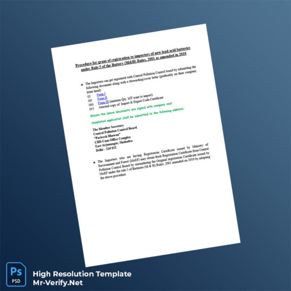 Editable India Central Pollution Control Board Registration Certificate Word and Pdf Template