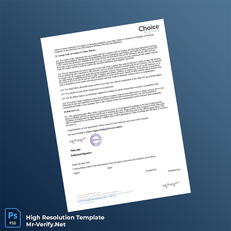 Editable India Choice Equity Broking Private Limited Appointment Letter Word and Pdf Template 6 page Editable India Choice Equity Broking Private Limited Appointment Letter Word and Pdf Template 6 page