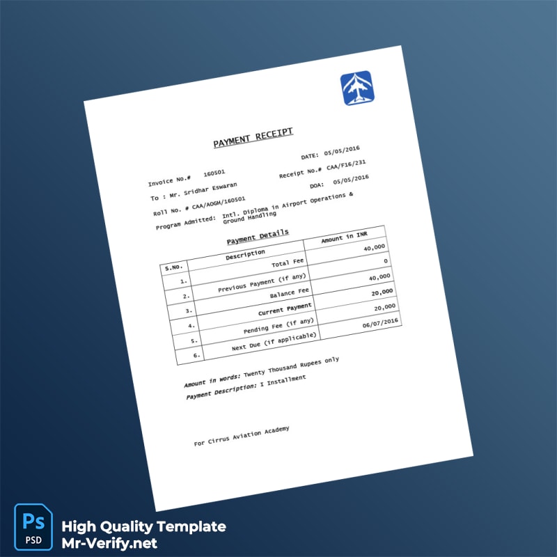 India Cirrus Aviation Academy Invoice Template in Word and PDF formats 2 page India Cirrus Aviation Academy Invoice Template in Word and PDF formats 2 page
