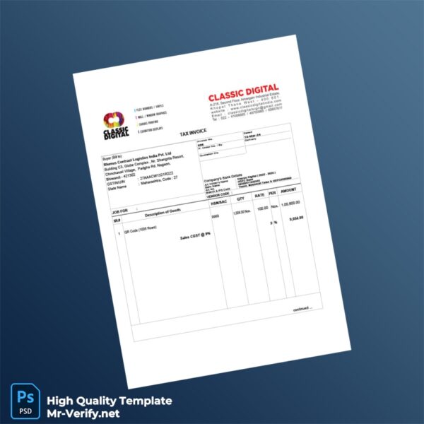 India Classic Digital Tax Invoice Template in Word and PDF formats 2 page