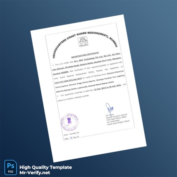 India Coast Guard Registration Certificate Template in Word and PDF formats
