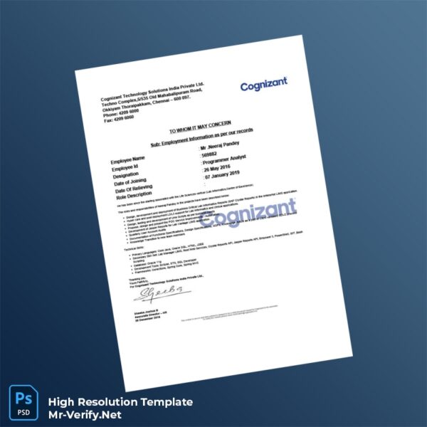 Editable India Cognizant Technology Solutions Employment Verification Letter Word and Pdf Template Editable India Cognizant Technology Solutions Employment Verification Letter Word and Pdf Template