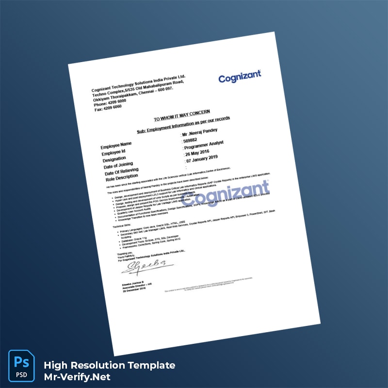 Editable India Cognizant Technology Solutions Employment Verification Letter Word and Pdf Template Editable India Cognizant Technology Solutions Employment Verification Letter Word and Pdf Template