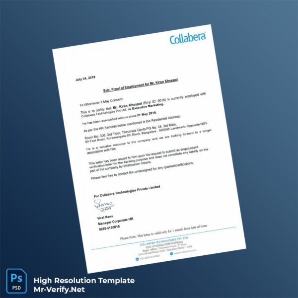 Editable India Collabera Technologies Private Limited Proof of Employment Letter Word and Pdf Template Editable India Collabera Technologies Private Limited Proof of Employment Letter Word and Pdf Template