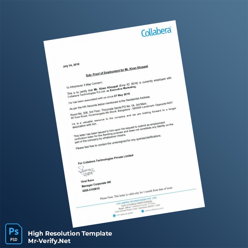 Editable India Collabera Technologies Private Limited Proof of Employment Letter Word and Pdf Template Editable India Collabera Technologies Private Limited Proof of Employment Letter Word and Pdf Template