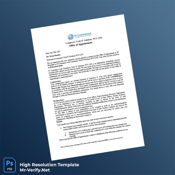 Editable India Commence Tech IT Solutions PVT LTD Offer Letter Word and Pdf Template 5 page Editable India Commence Tech IT Solutions PVT LTD Offer Letter Word and Pdf Template 5 page