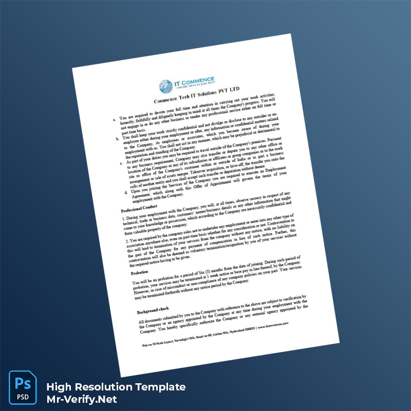 Editable India Commence Tech IT Solutions PVT LTD Offer Letter Word and Pdf Template 5 page Editable India Commence Tech IT Solutions PVT LTD Offer Letter Word and Pdf Template 5 page