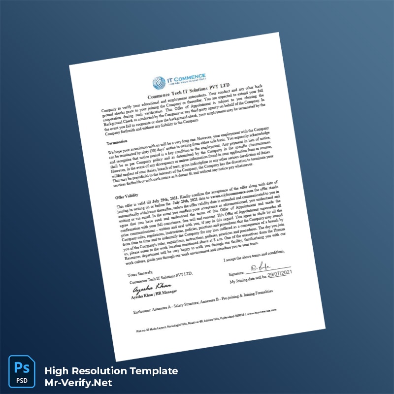 Editable India Commence Tech IT Solutions PVT LTD Offer Letter Word and Pdf Template 5 page Editable India Commence Tech IT Solutions PVT LTD Offer Letter Word and Pdf Template 5 page