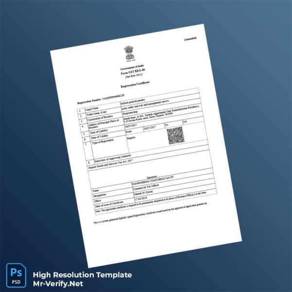 India Commercial Tax Department GST Registration Certificate Word and Pdf Template 3 page