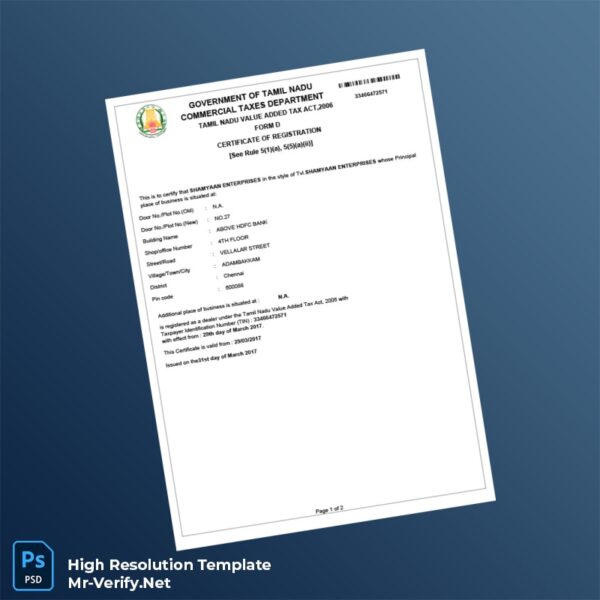 Editable India Commercial Taxes Department VAT Registration Certificate Word and Pdf Template 2 page Editable India Commercial Taxes Department VAT Registration Certificate Word and Pdf Template 2 page