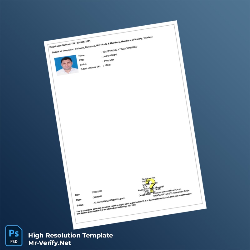 Editable India Commercial Taxes Department VAT Registration Certificate Word and Pdf Template 2 page Editable India Commercial Taxes Department VAT Registration Certificate Word and Pdf Template 2 page