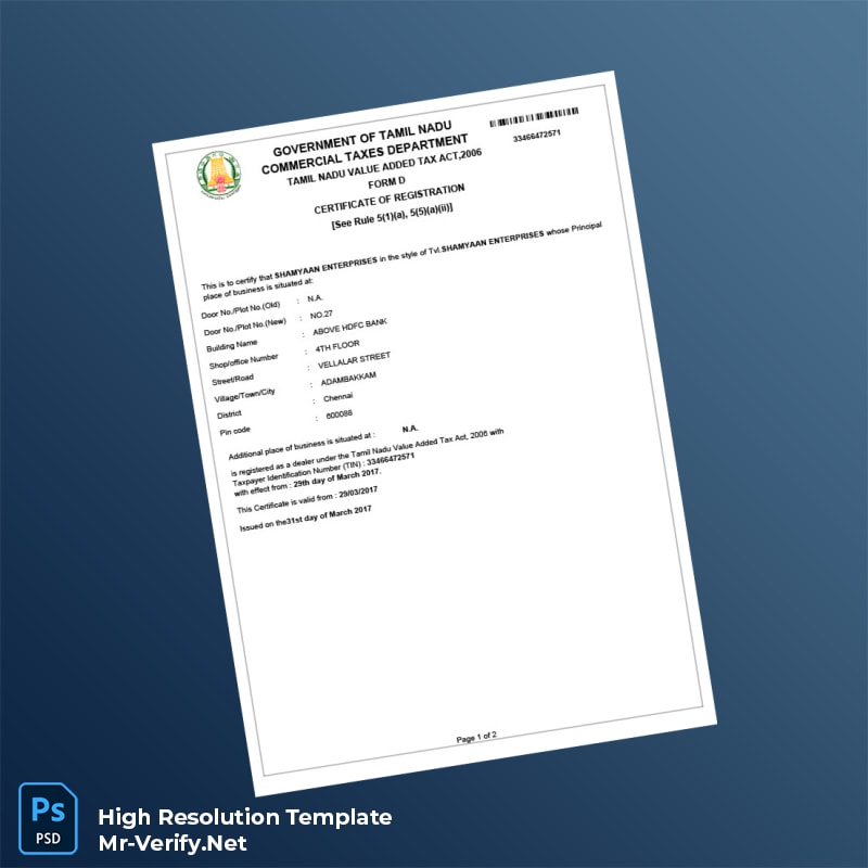 Editable India Commercial Taxes Department VAT Registration Certificate Word and Pdf Template 2 page Editable India Commercial Taxes Department VAT Registration Certificate Word and Pdf Template 2 page