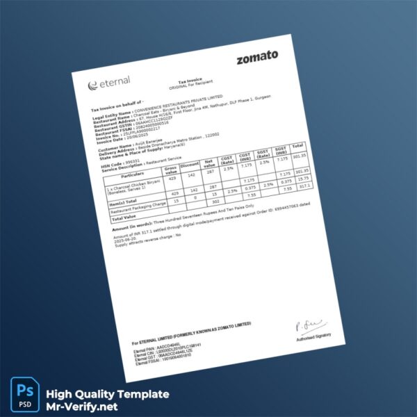 India Convenience Restaurants Private Limited Tax Invoice Template in Word and PDF formats 2 page